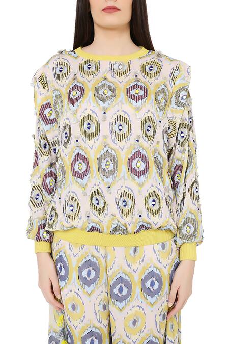 Buy_Payal Singhal_Yellow Art Silk Printed Ikat Eye Round Top And Draped Pant Set_Online_at_Aza_Fashions
