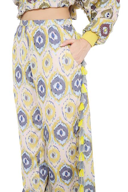 Shop_Payal Singhal_Yellow Art Silk Printed Ikat Eye Round Top And Draped Pant Set_Online_at_Aza_Fashions
