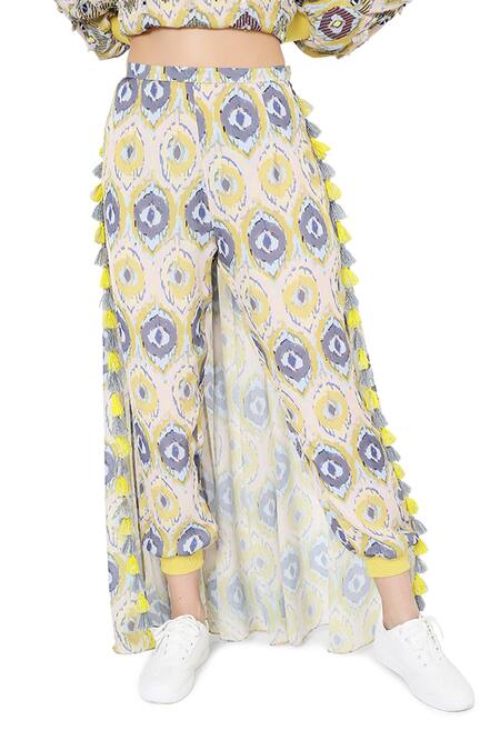 Payal Singhal_Yellow Art Silk Printed Ikat Eye Round Top And Draped Pant Set_at_Aza_Fashions