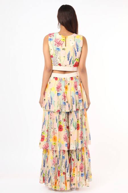 Shop PS Pret By Payal Singhal Beige Bee Garden Scoop Neck Crop Top And Sharara Set at Aza Fashions Shop_PS Pret By Payal Singhal_Beige Bee Garden Scoop Neck Crop Top And Sharara Set_at_Aza_Fashions