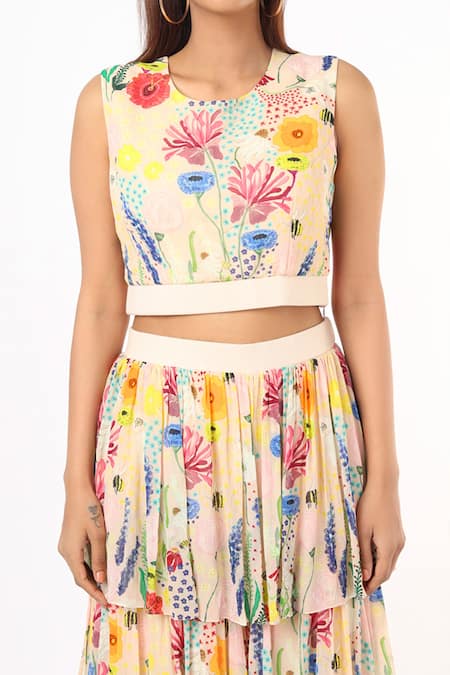 PS Pret By Payal Singhal Beige Bee Garden Scoop Neck Crop Top And Sharara Set Online at Aza Fashions PS Pret By Payal Singhal_Beige Bee Garden Scoop Neck Crop Top And Sharara Set_Online_at_Aza_Fashions