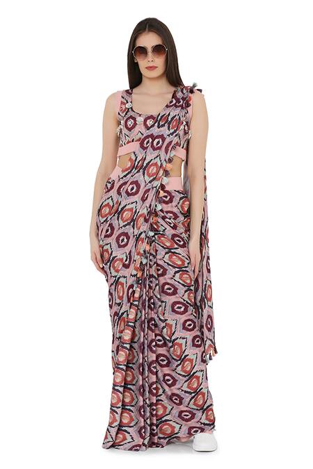 PS Pret By Payal Singhal_Red Art Silk Printed Ikat Eye Motif U Neck Pre-stitched Saree With Blouse_Online_at_Aza_Fashions