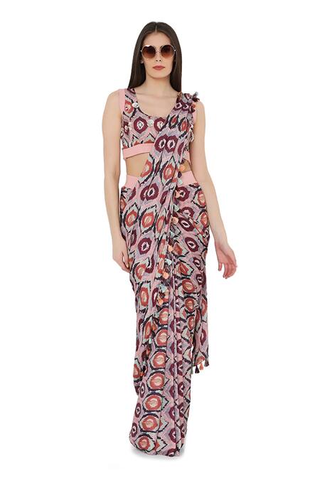 Shop_PS Pret By Payal Singhal_Red Art Silk Printed Ikat Eye Motif U Neck Pre-stitched Saree With Blouse_Online_at_Aza_Fashions