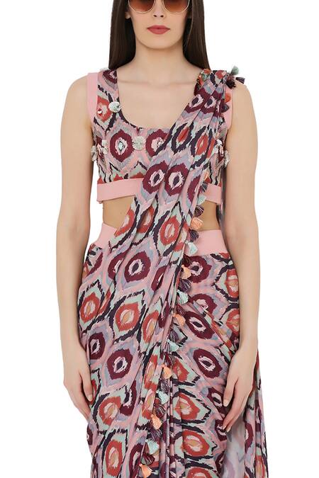 PS Pret By Payal Singhal_Red Art Silk Printed Ikat Eye Motif U Neck Pre-stitched Saree With Blouse_at_Aza_Fashions