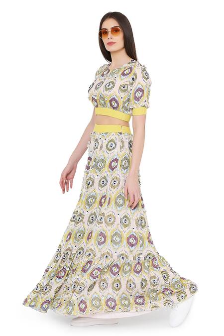 Payal Singhal_Yellow Art Silk Ikat Eye Prints Round Frill Skirt Set_Online_at_Aza_Fashions