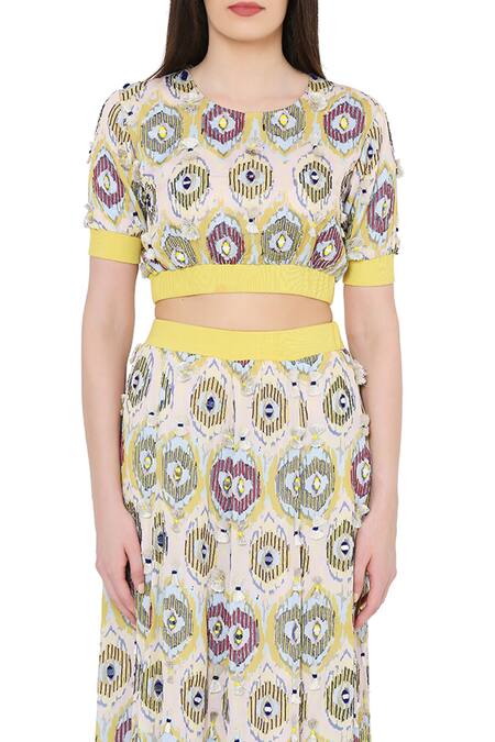 Buy_Payal Singhal_Yellow Art Silk Ikat Eye Prints Round Frill Skirt Set_Online_at_Aza_Fashions