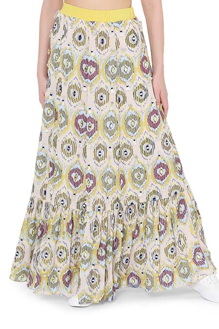 Shop_Payal Singhal_Yellow Art Silk Ikat Eye Prints Round Frill Skirt Set_Online_at_Aza_Fashions