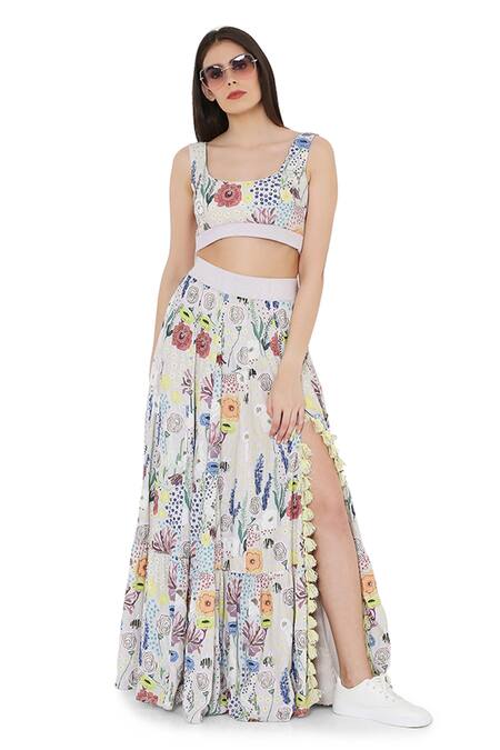 Payal Singhal_Grey Art Crepe Printed Bee Garden Round Skirt Set_Online_at_Aza_Fashions