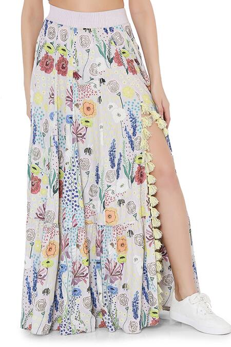 Payal Singhal_Grey Art Crepe Printed Bee Garden Round Skirt Set_at_Aza_Fashions