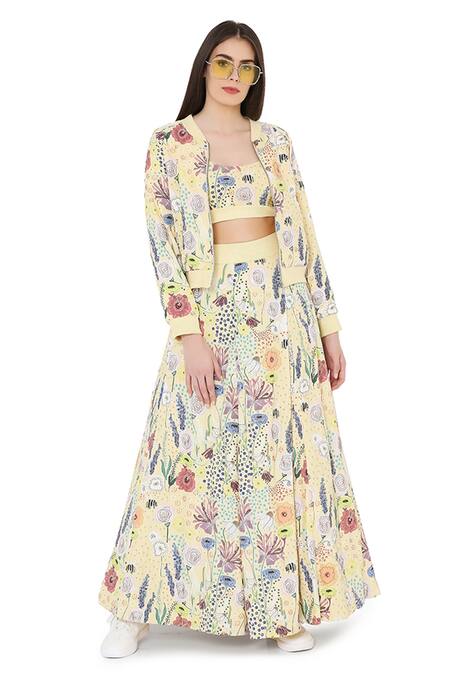 Payal Singhal_Yellow Art Crepe Bee Garden Prints Blouse Scoop Jacket With Lehenga Set_Online_at_Aza_Fashions