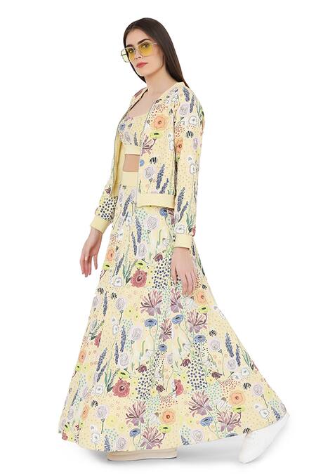 Buy_Payal Singhal_Yellow Art Crepe Bee Garden Prints Blouse Scoop Jacket With Lehenga Set_Online_at_Aza_Fashions