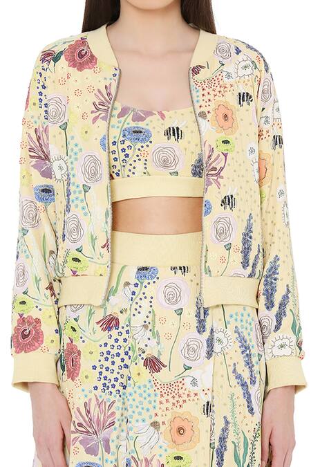 Shop_Payal Singhal_Yellow Art Crepe Bee Garden Prints Blouse Scoop Jacket With Lehenga Set_Online_at_Aza_Fashions