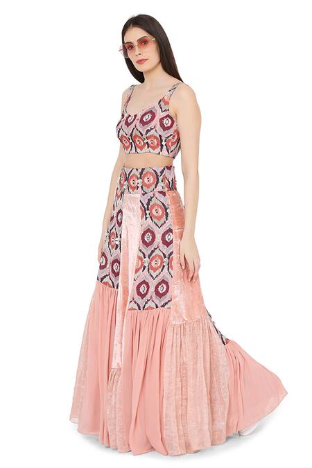 Payal Singhal_Red Organza, Chanderi, Georgette, Art Silk Ikat Eye Prints Lehenga And Choli Set_Online_at_Aza_Fashions