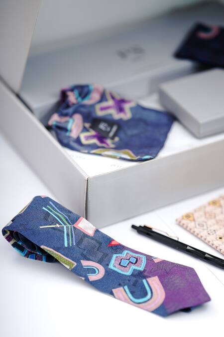 Payal Singhal Accessories_Purple Printed Mask Tie And Pocket Square Gift Hamper Set Of 4_Online_at_Aza_Fashions