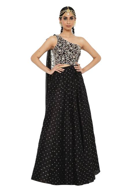 Payal Singhal_Black Georgette Embroidered Mukaish One Shoulder Draped Gown _Online_at_Aza_Fashions