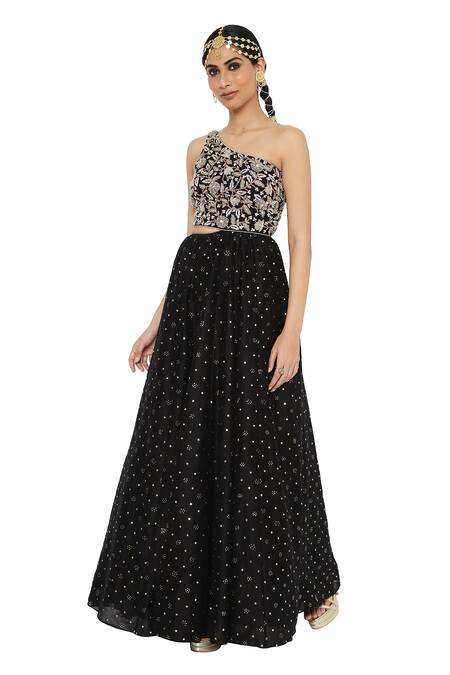 Buy_Payal Singhal_Black Georgette Embroidered Mukaish One Shoulder Draped Gown _Online_at_Aza_Fashions