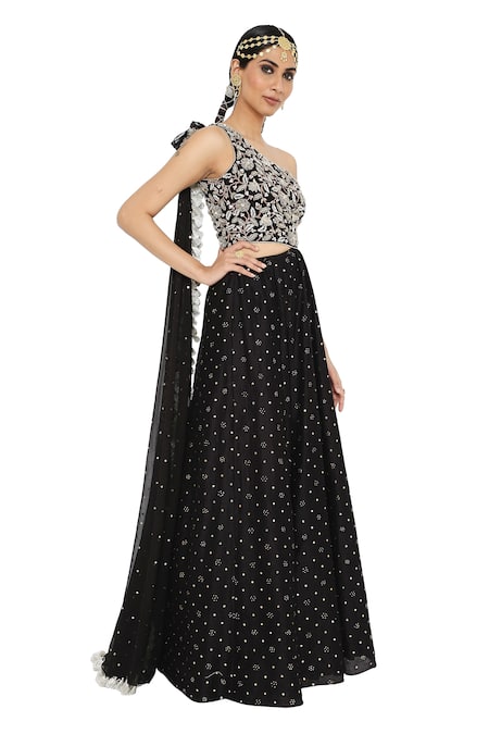 Shop_Payal Singhal_Black Georgette Embroidered Mukaish One Shoulder Draped Gown _Online_at_Aza_Fashions