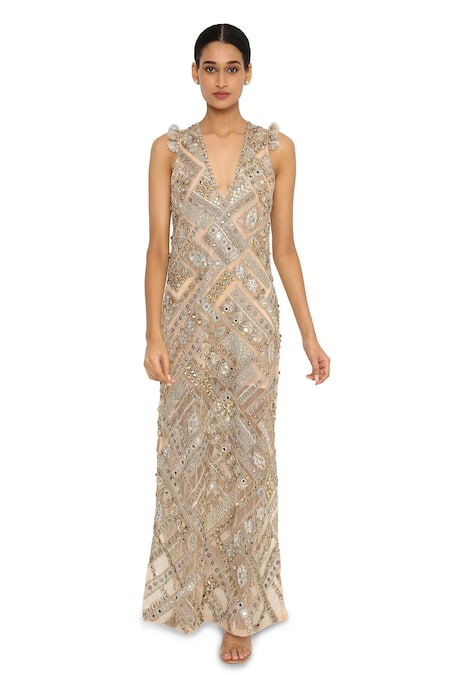 Shop_Payal Singhal_Beige Net Embroidered Geometric V Neck Hamsa Gown _Online_at_Aza_Fashions
