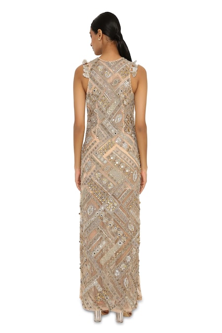 Payal Singhal_Beige Net Embroidered Geometric V Neck Hamsa Gown _Online_at_Aza_Fashions