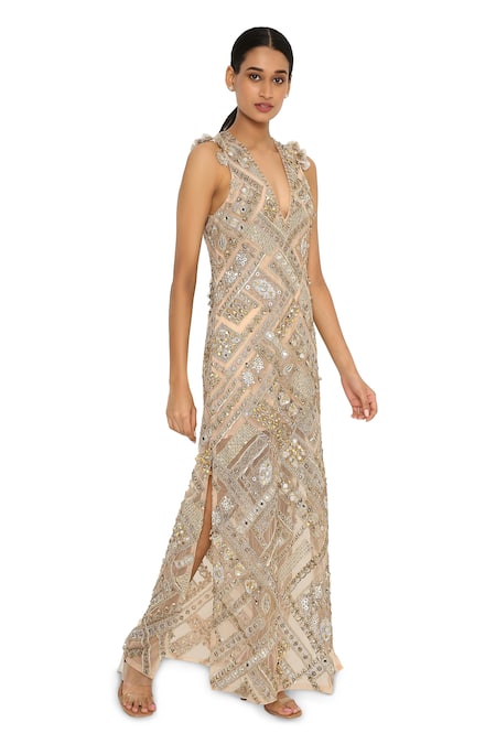 Payal Singhal_Beige Net Embroidered Geometric V Neck Hamsa Gown _at_Aza_Fashions
