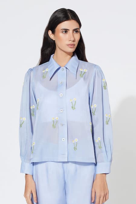 Meadow Silk Cotton Organza Floral Embroidered Shirt 