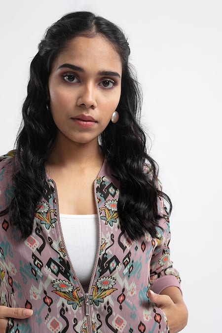 Buy PS Pret By Payal Singhal Pink Art Georgette Ikat Motif Band Collar Print Bomber Jacket Online at Aza Fashions Buy_PS Pret By Payal Singhal_Pink Art Georgette Ikat Motif Band Collar Print Bomber Jacket _Online_at_Aza_Fashions