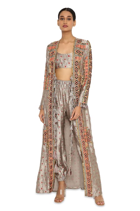 Payal Singhal_Grey Silk Embroidered Animal Jacket Open Bandhani And Jogger Pant Set _Online_at_Aza_Fashions