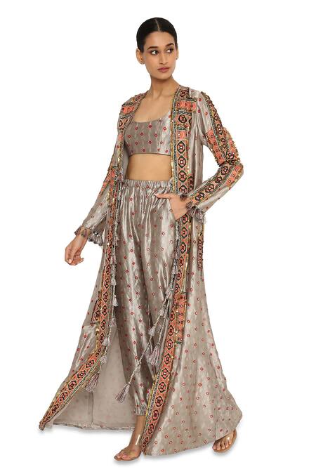 Buy_Payal Singhal_Grey Silk Embroidered Animal Jacket Open Bandhani And Jogger Pant Set _Online_at_Aza_Fashions
