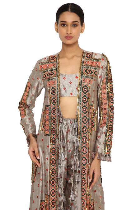 Shop_Payal Singhal_Grey Silk Embroidered Animal Jacket Open Bandhani And Jogger Pant Set _Online_at_Aza_Fashions