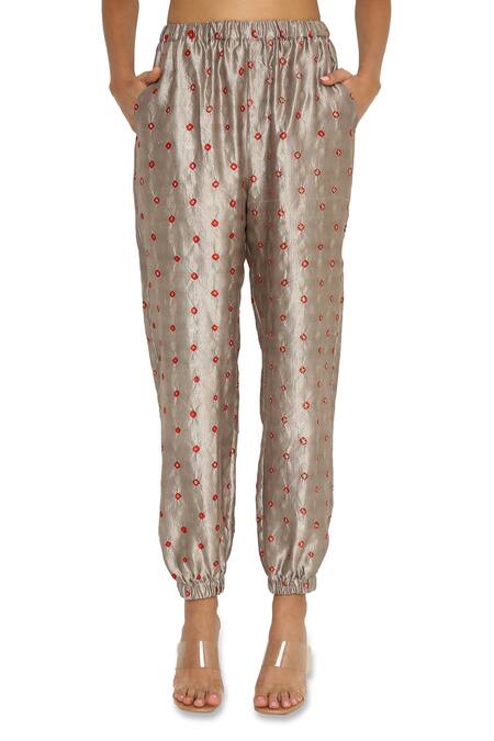 Payal Singhal_Grey Silk Embroidered Animal Jacket Open Bandhani And Jogger Pant Set _at_Aza_Fashions