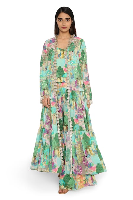 Buy_Payal Singhal_Grey Georgette Printed Animal Jacket Open And Palazzo Set _Online_at_Aza_Fashions