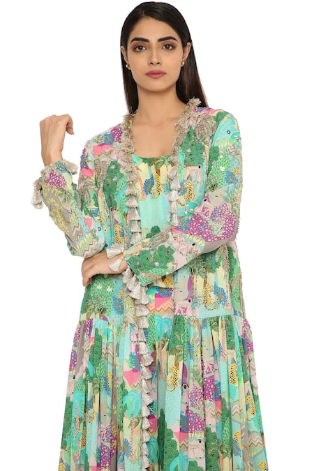 Shop_Payal Singhal_Grey Georgette Printed Animal Jacket Open And Palazzo Set _Online_at_Aza_Fashions