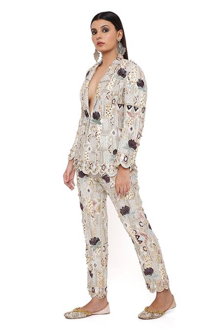 Shop_Payal Singhal_Off White Georgette Embroidery Lotus Shawl Collar Anaka Blazer And Pant Set _Online_at_Aza_Fashions