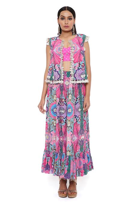 Shop_Payal Singhal_Pink Crepe Floral, Mirror Bustier V Neck, Jacket Amalie Printed And Skirt Set _Online_at_Aza_Fashions