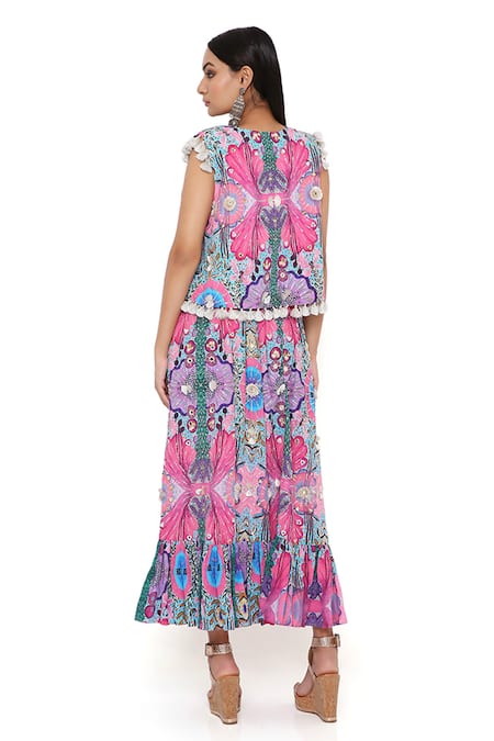 Payal Singhal_Pink Crepe Floral, Mirror Bustier V Neck, Jacket Amalie Printed And Skirt Set _at_Aza_Fashions