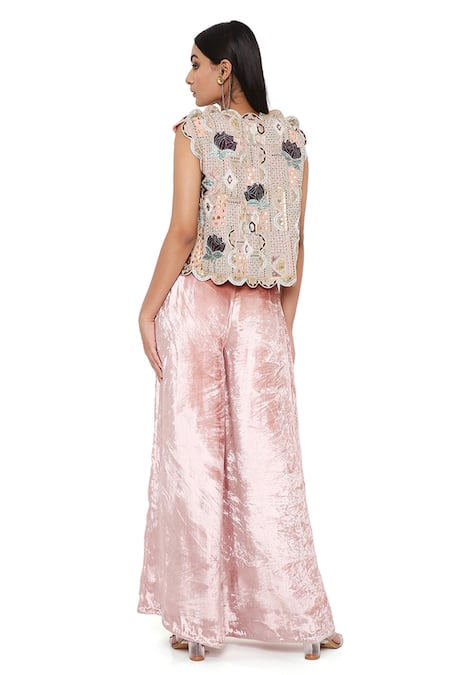 Payal Singhal Pink Georgette Geometric, Sequin Open Embroidered Jacket And Palazzo Set at Aza Fashions Payal Singhal_Pink Georgette Geometric, Sequin Open Embroidered Jacket And Palazzo Set _at_Aza_Fashions