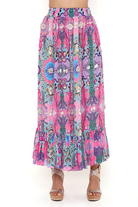 Shop_Payal Singhal_Pink Crepe Floral, Mirror Bustier V Neck, Jacket Amalie Printed And Skirt Set 
