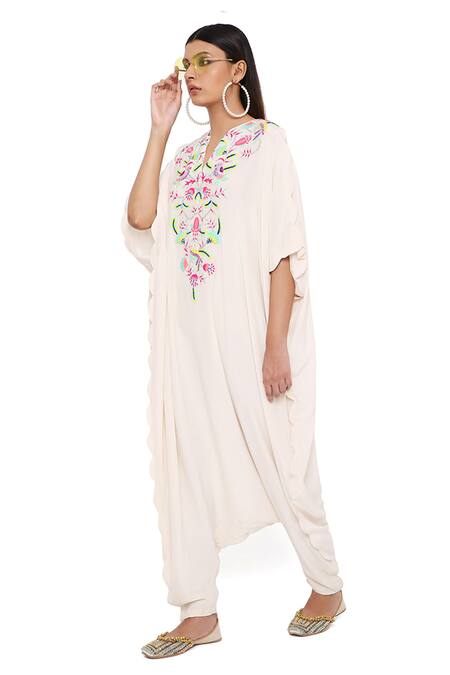 Payal Singhal_Grey Crepe Embroidery Floral Notched Kara Jumpsuit _at_Aza_Fashions