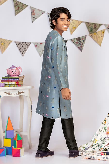 PS Kids By Payal Singhal_Black Cotton, Silk Embroidery Printed Kurta Pant Set _Online_at_Aza_Fashions
