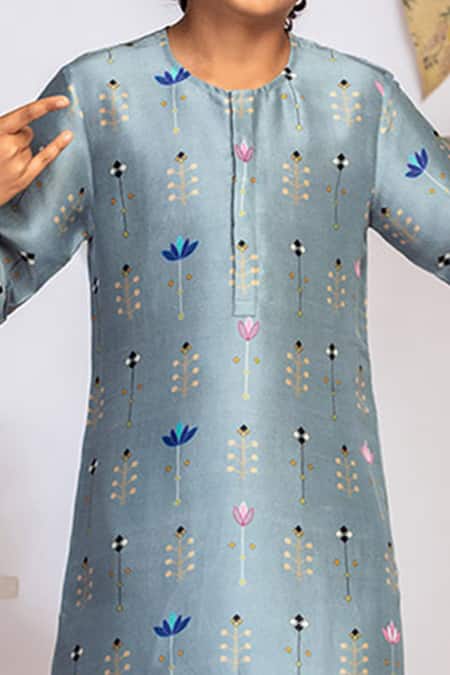 Buy_PS Kids By Payal Singhal_Black Cotton, Silk Embroidery Printed Kurta Pant Set _Online_at_Aza_Fashions