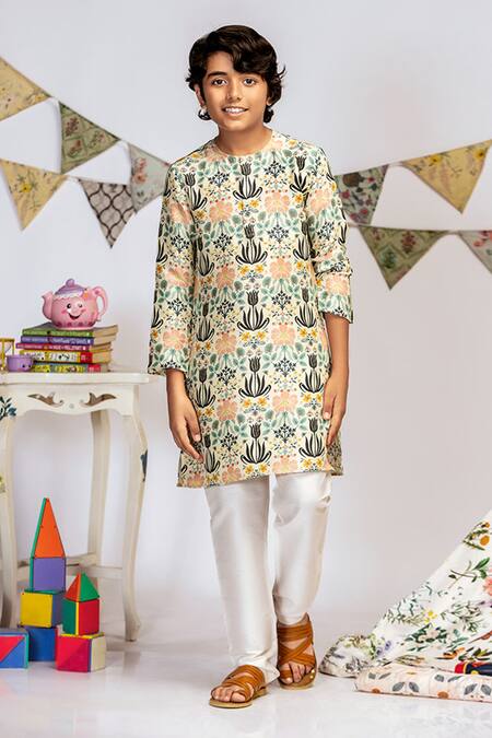 PS Kids By Payal Singhal_Cream Cotton Satin, Cotton, Silk Embroidery Printed Kurta Pant Set _Online_at_Aza_Fashions
