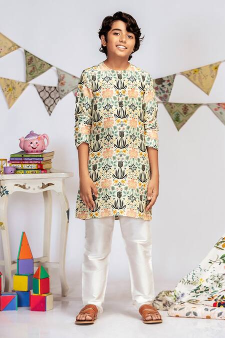 Buy_PS Kids By Payal Singhal_Cream Cotton Satin, Cotton, Silk Embroidery Printed Kurta Pant Set _Online_at_Aza_Fashions