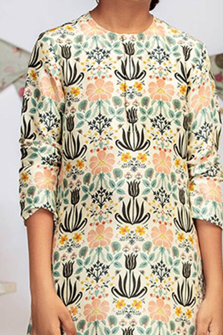 Shop_PS Kids By Payal Singhal_Cream Cotton Satin, Cotton, Silk Embroidery Printed Kurta Pant Set _Online_at_Aza_Fashions