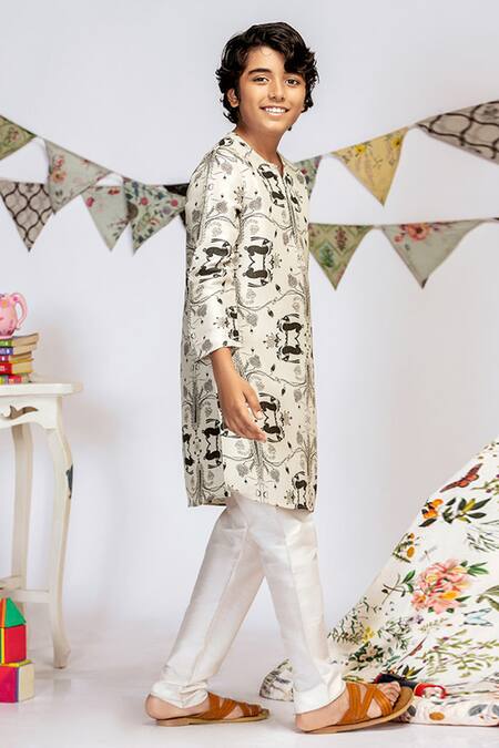 PS Kids By Payal Singhal_Grey Cotton, Silk Printed Kurta Pant Set _Online_at_Aza_Fashions