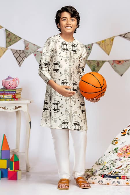 Buy_PS Kids By Payal Singhal_Grey Cotton, Silk Printed Kurta Pant Set _Online_at_Aza_Fashions