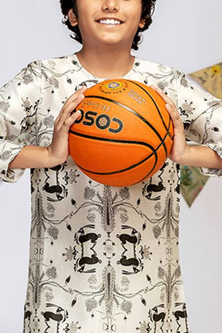 Shop_PS Kids By Payal Singhal_Grey Cotton, Silk Printed Kurta Pant Set _Online_at_Aza_Fashions