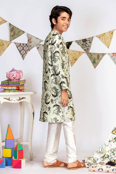Buy_PS Kids By Payal Singhal_Green Cotton, Silk Printed Kurta Pant Set _Online_at_Aza_Fashions