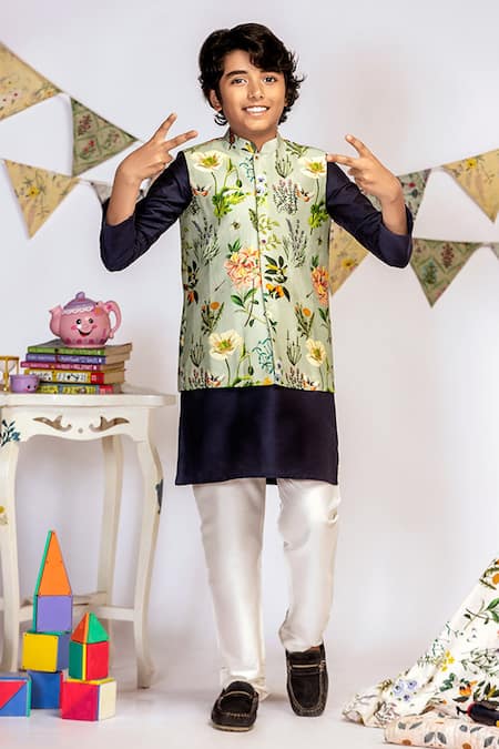 PS Kids by Payal Singhal Blue Cotton Silk Floral Bundi And Kurta Set 