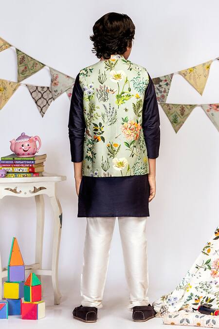 Shop PS Kids By Payal Singhal Blue Cotton, Silk Embroidery Floral Print Bundi And Kurta Set at Aza Fashions Shop_PS Kids By Payal Singhal_Blue Cotton, Silk Embroidery Floral Print Bundi And Kurta Set_at_Aza_Fashions