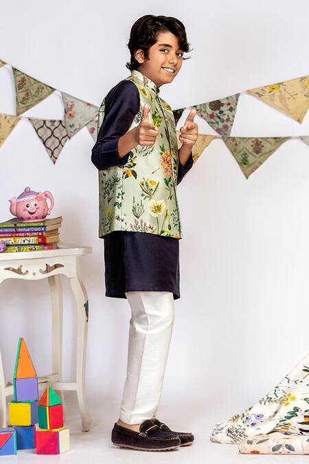 PS Kids By Payal Singhal Blue Cotton, Silk Embroidery Floral Print Bundi And Kurta Set Online at Aza Fashions PS Kids By Payal Singhal_Blue Cotton, Silk Embroidery Floral Print Bundi And Kurta Set_Online_at_Aza_Fashions